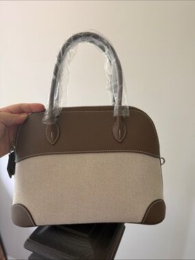 Real Canvas & Leather Top-Handle Bag 25cm- Grey